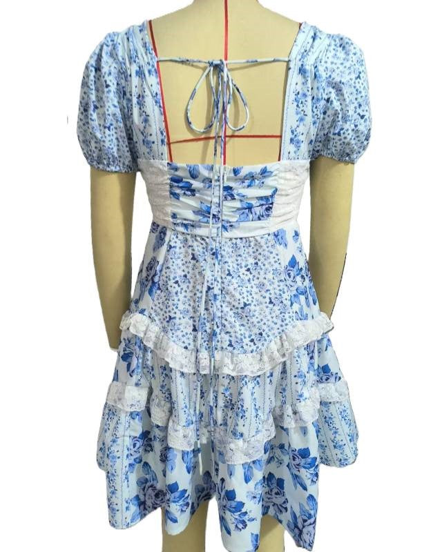 Puff Sleeve Lace Trim Tiered Mini Dress - Blue - 5