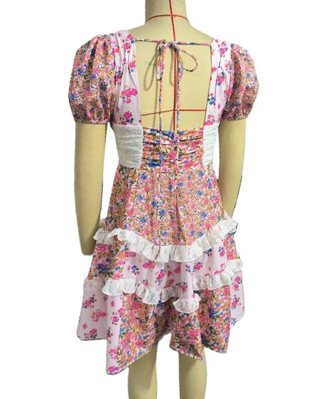 Puff Sleeve Lace Trim Tiered Mini Dress - Colour - 1