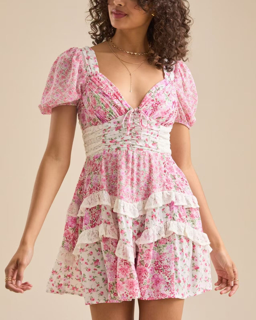 Puff Sleeve Lace Trim Tiered Mini Dress - Pink