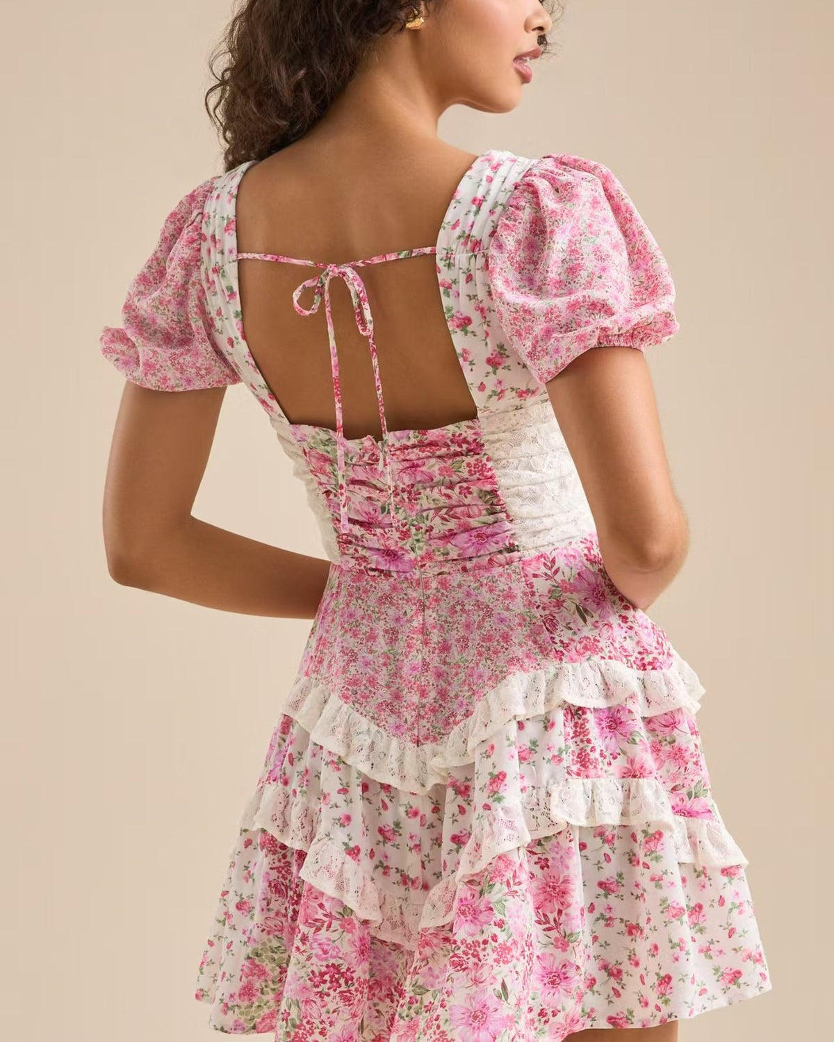 Puff Sleeve Lace Trim Tiered Mini Dress - Pink - 1
