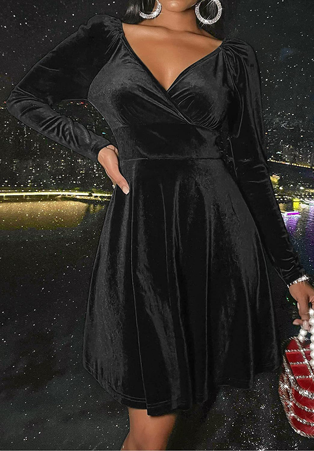 Velvet Wrap V Neck Fit And Flare Dress - Black - 2