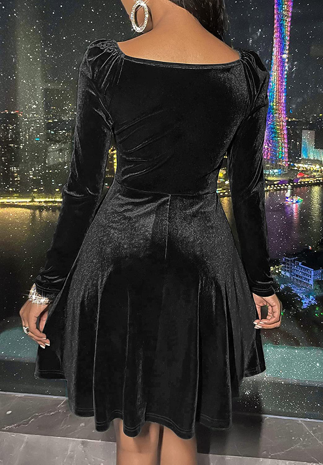 Velvet Wrap V Neck Fit And Flare Dress - Black - 4