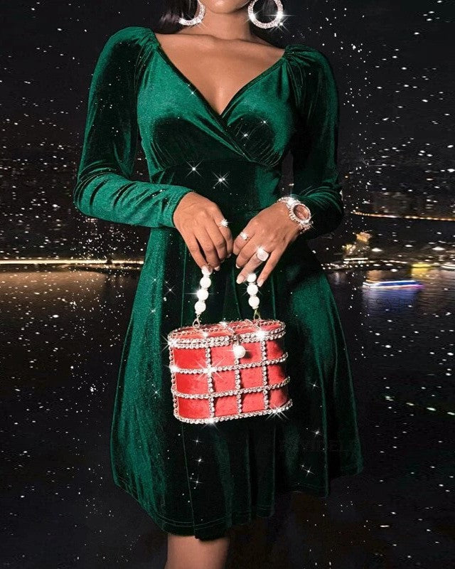Velvet Wrap V Neck Fit And Flare Dress - Green