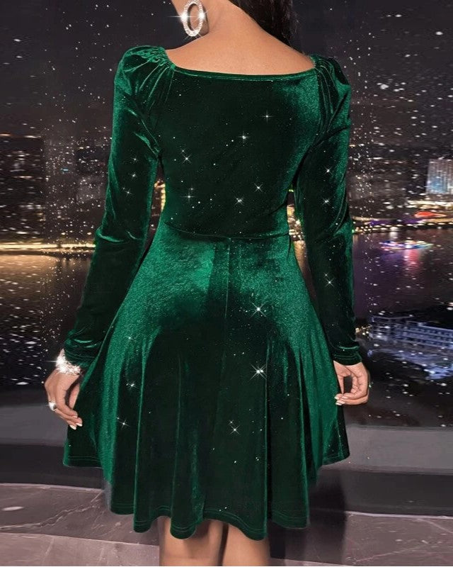 Velvet Wrap V Neck Fit And Flare Dress - Green - 1