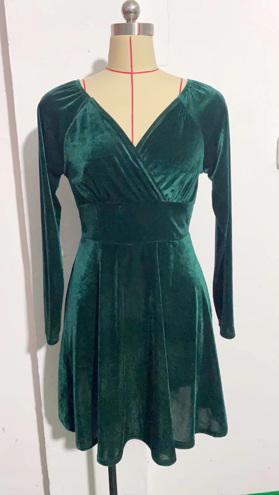 Velvet Wrap V Neck Fit And Flare Dress - Green - 2