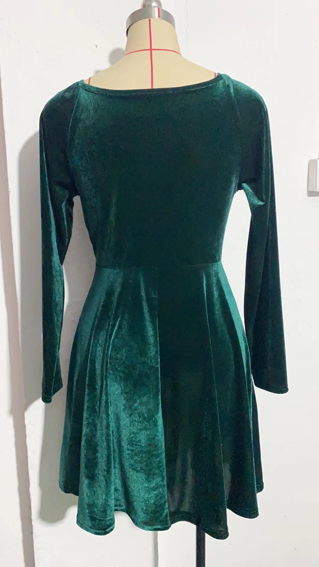 Velvet Wrap V Neck Fit And Flare Dress - Green - 3