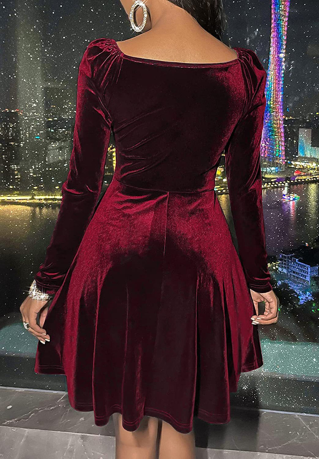 Velvet Wrap V Neck Fit And Flare Dress - Red - 3