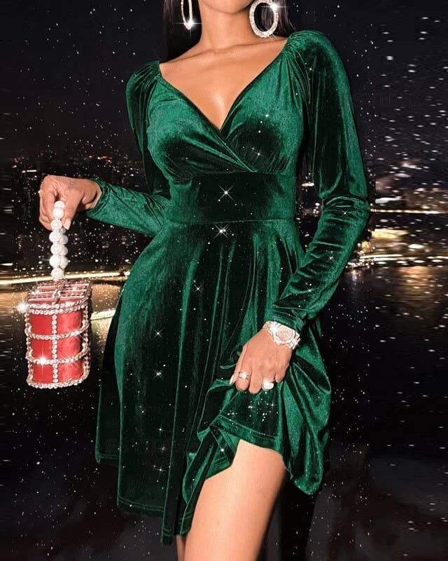 Velvet Wrap V Neck Fit And Flare Dress
