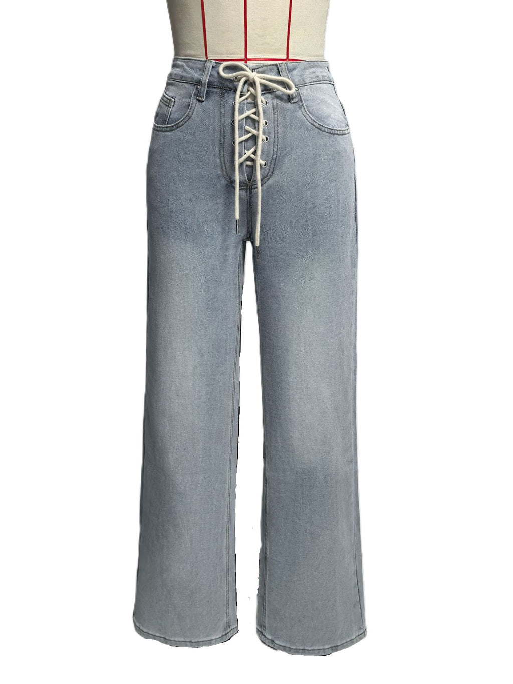 Lace Up Front High Rise Wide Leg Jeans - Blue - 4