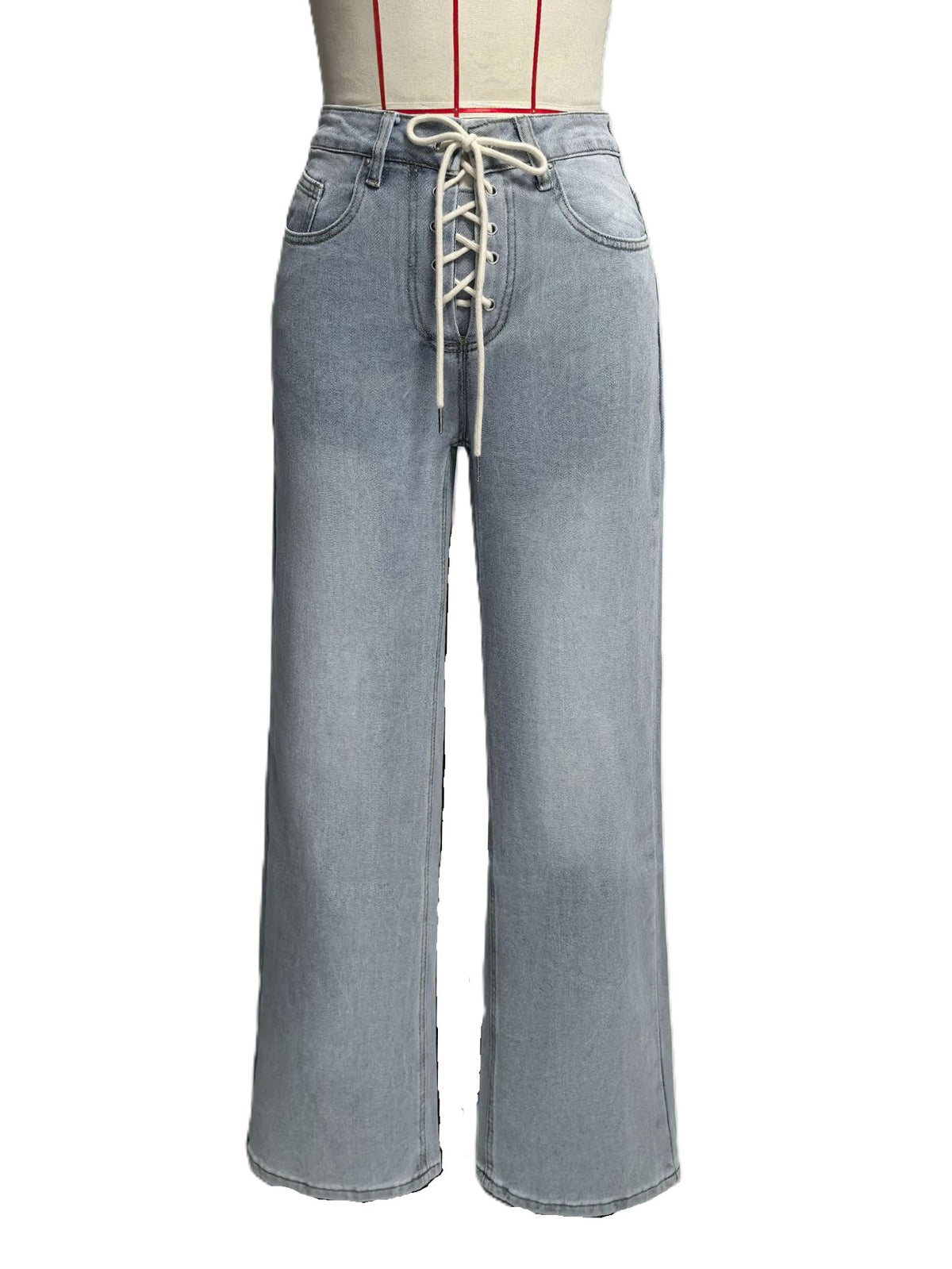 Lace Up Front High Rise Wide Leg Jeans - Blue - 4