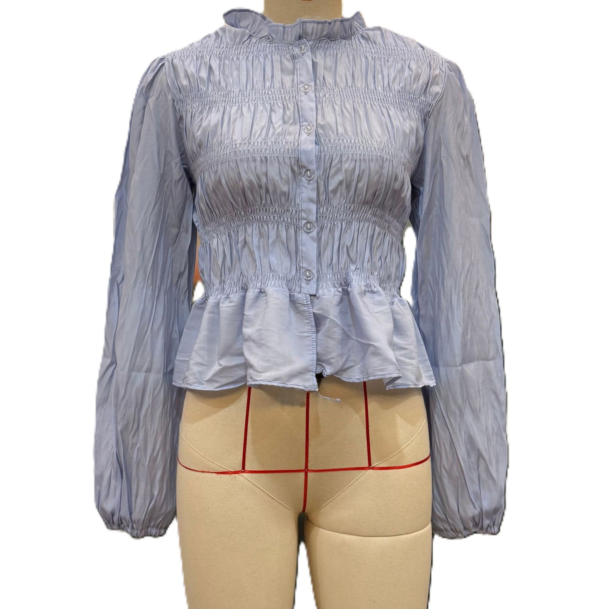Shirred Bodice Puff Sleeve Peplum Blouse - Blue