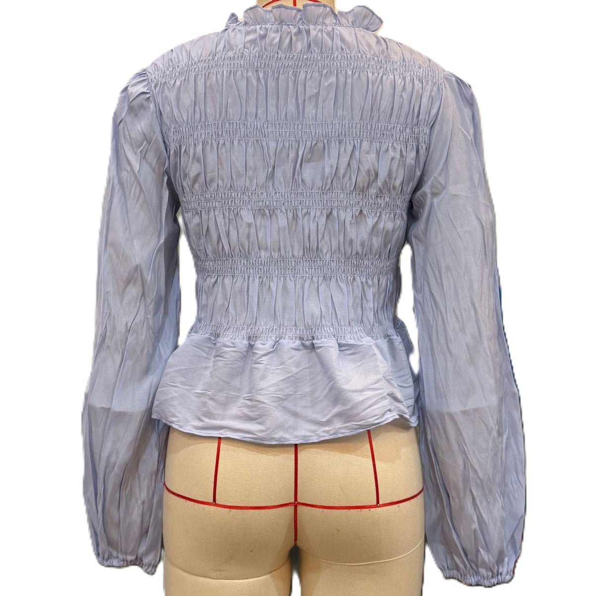 Shirred Bodice Puff Sleeve Peplum Blouse - Blue - 1