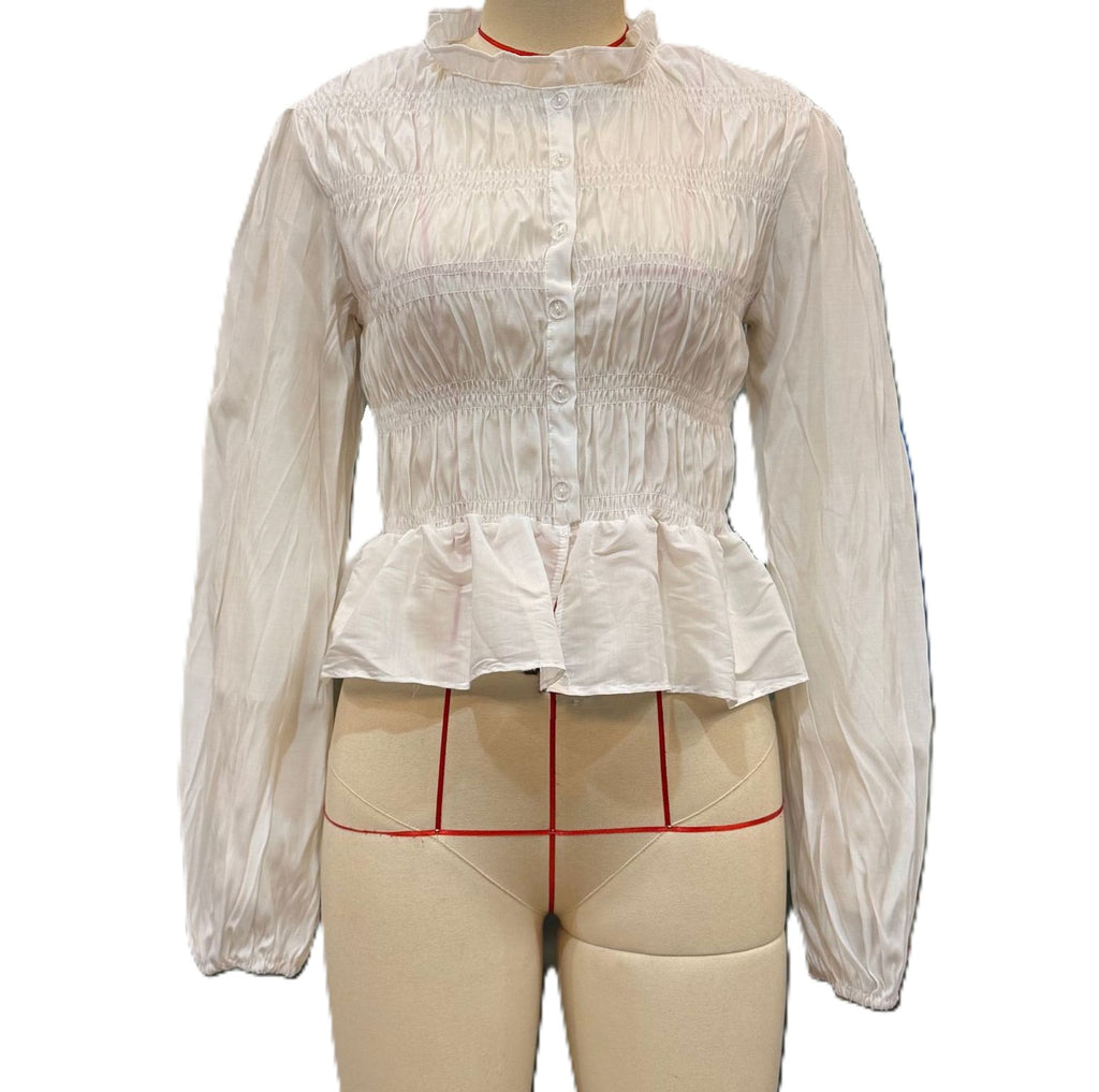 Shirred Bodice Puff Sleeve Peplum Blouse - White
