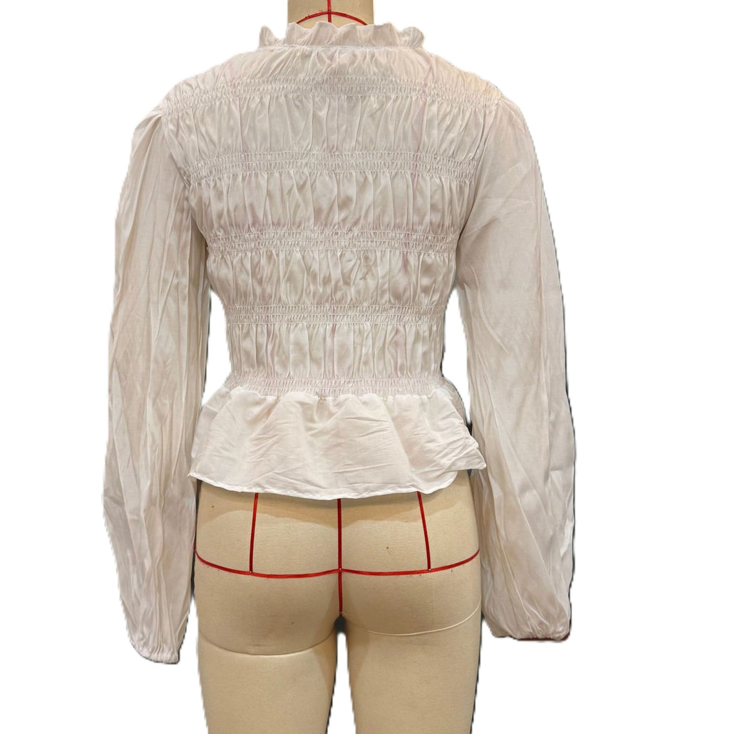 Shirred Bodice Puff Sleeve Peplum Blouse - White - 1