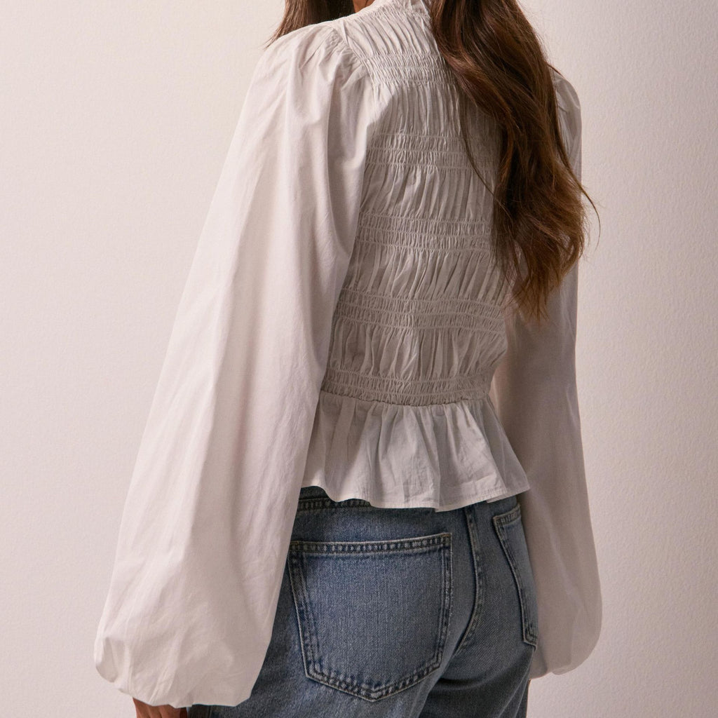 Shirred Bodice Puff Sleeve Peplum Blouse - White - 2