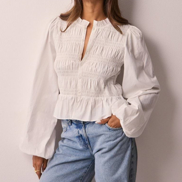 Shirred Bodice Puff Sleeve Peplum Blouse - view 1