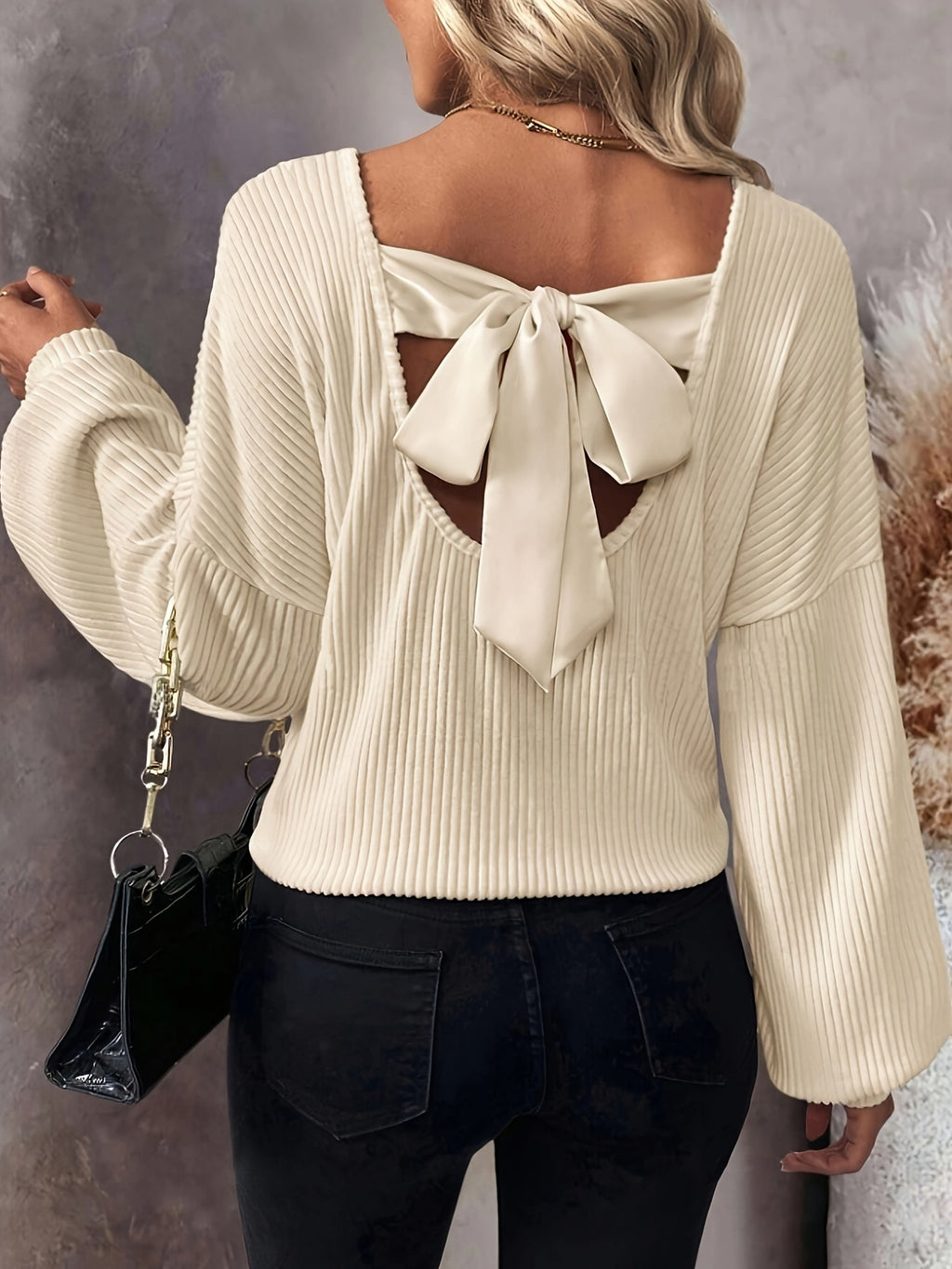 Bow Back V Neck Ribbed Blouse - Apricot