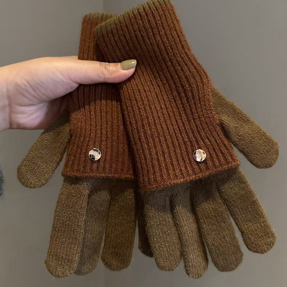 Colorblock Fold Over Ribbed Cuff Knit Gloves - Chestnut