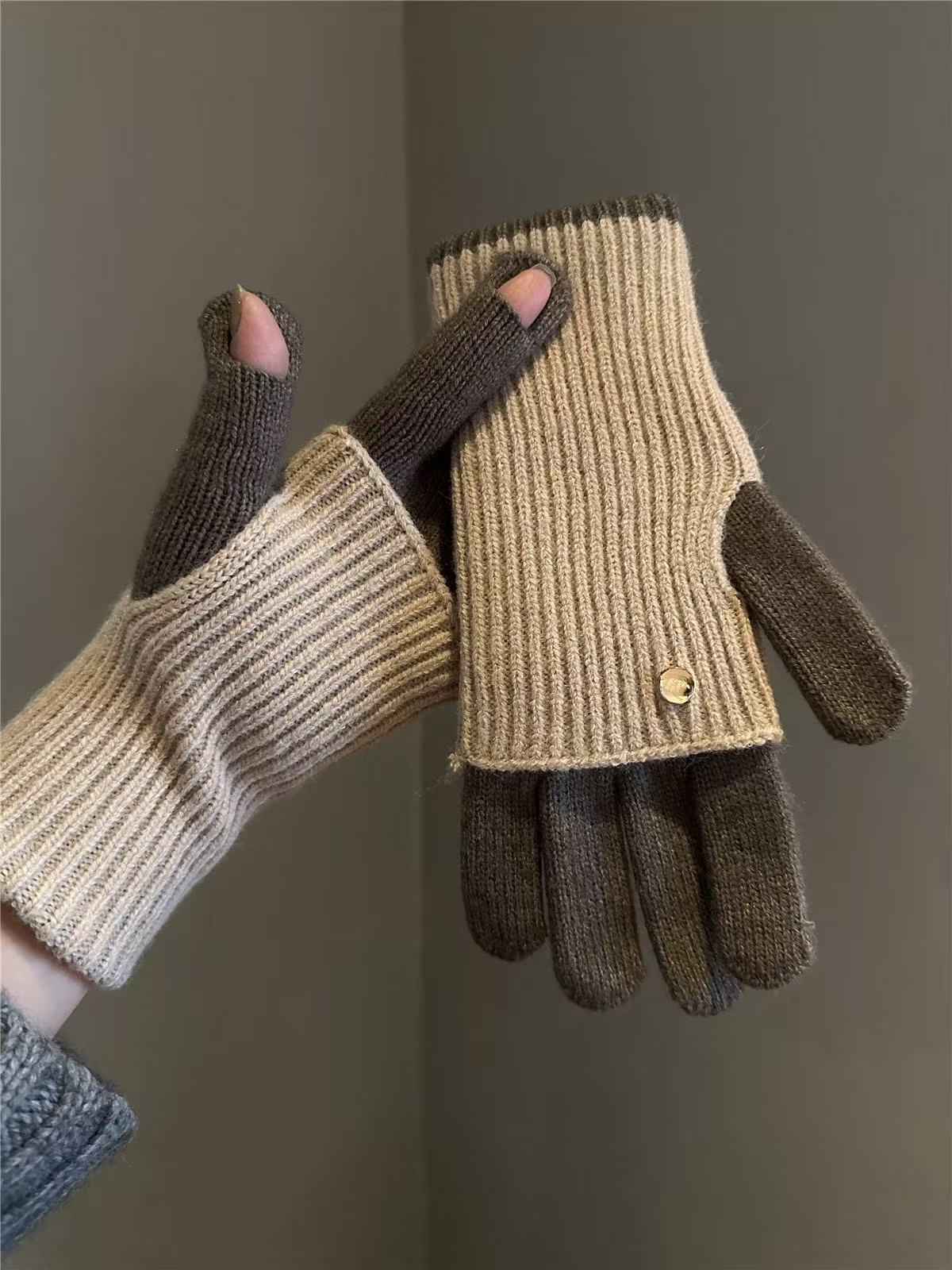 Colorblock Fold Over Ribbed Cuff Knit Gloves - Khaki