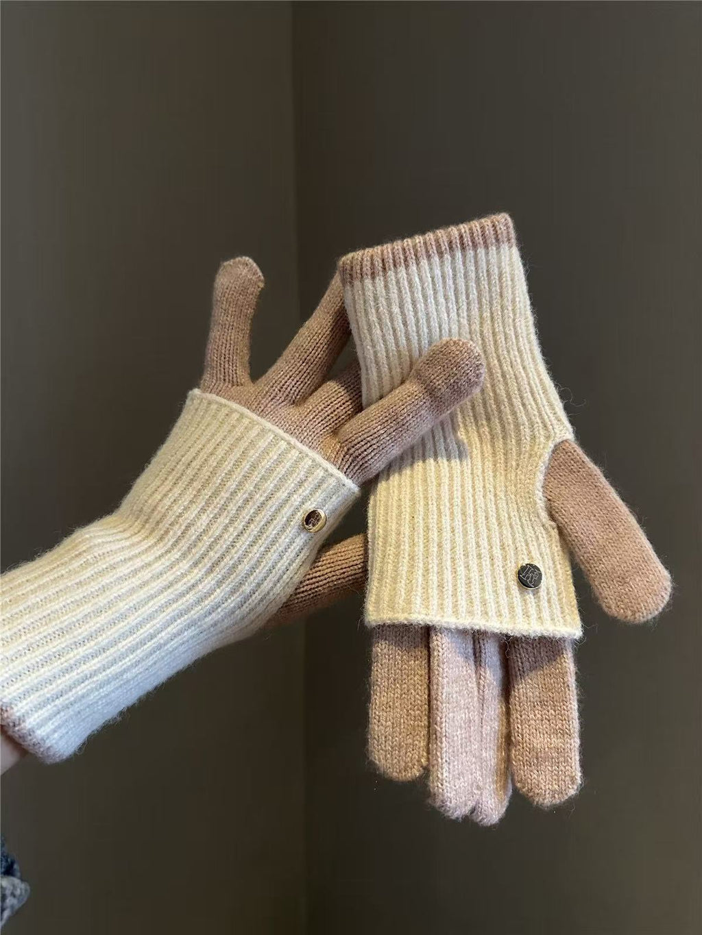 Colorblock Fold Over Ribbed Cuff Knit Gloves - Pink