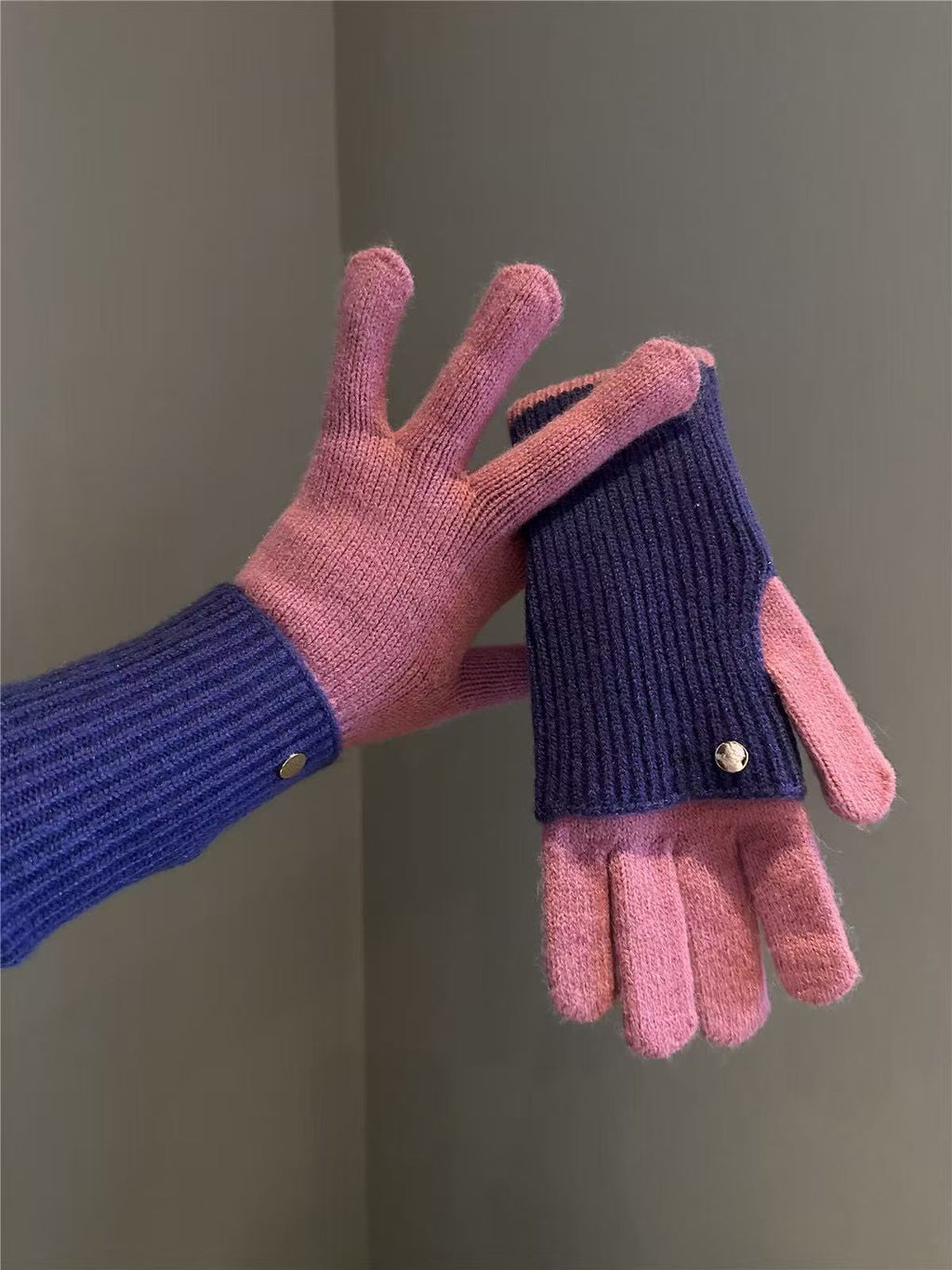 Colorblock Fold Over Ribbed Cuff Knit Gloves - Rose