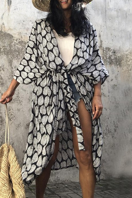 Tie Dye Print Open Front Long Kimono - Bk-leave