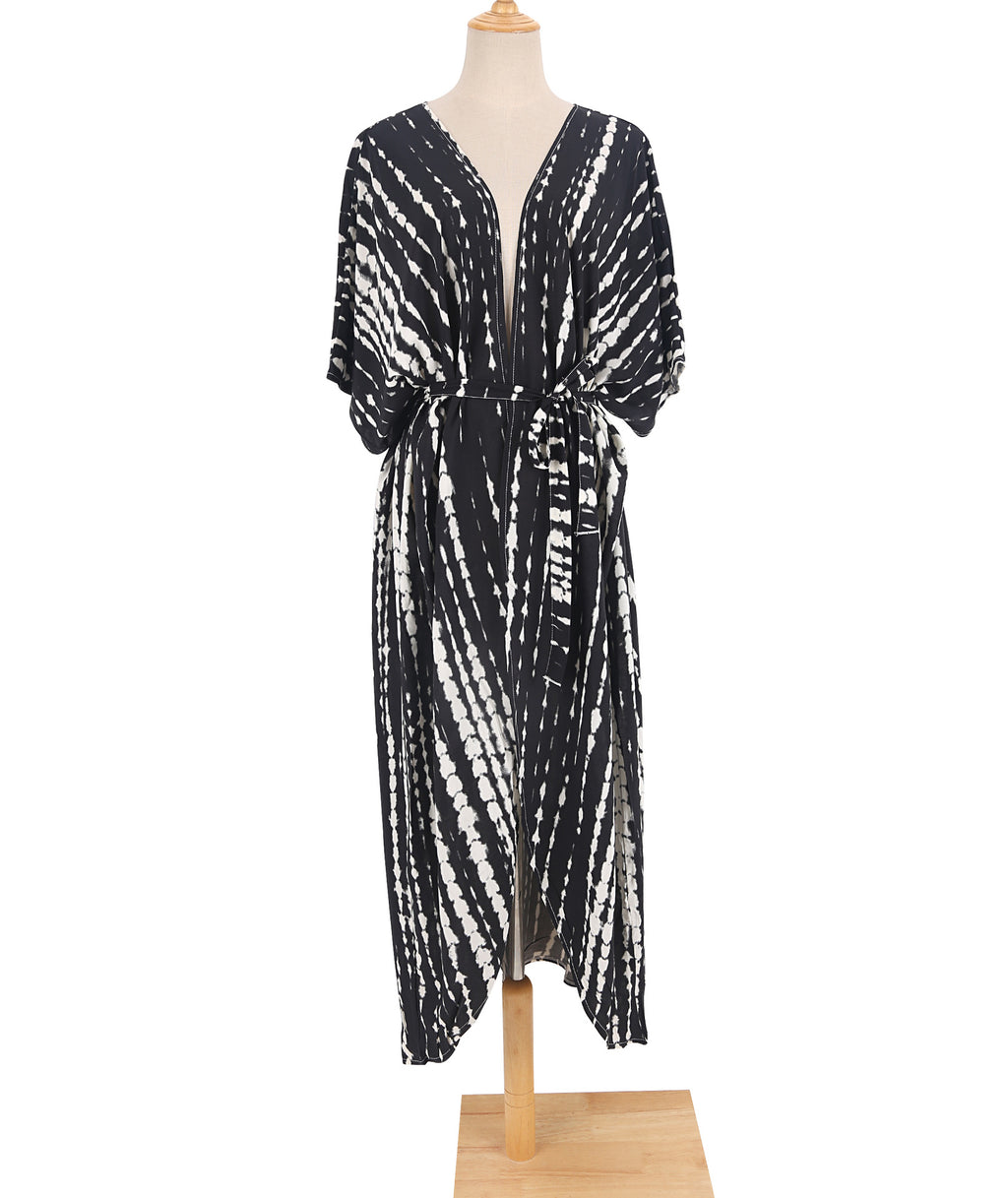 Tie Dye Print Open Front Long Kimono - Black - 1