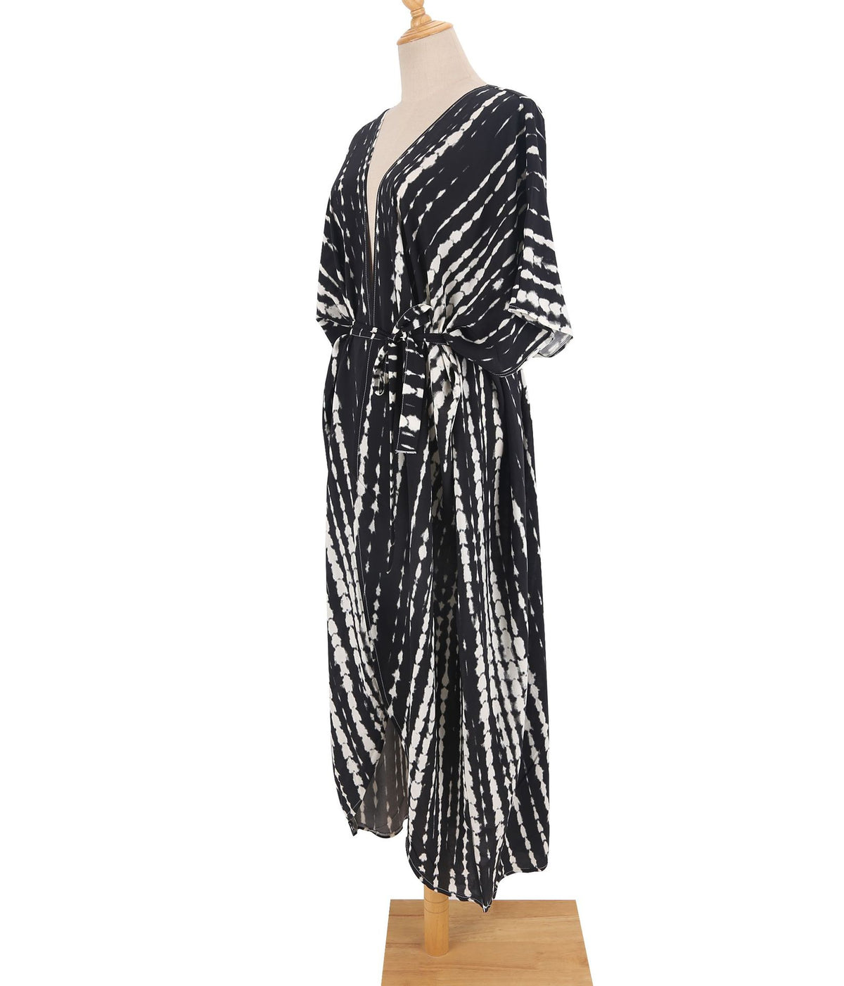 Tie Dye Print Open Front Long Kimono - Black - 2