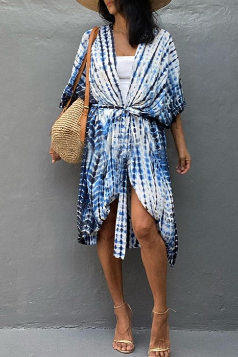 Tie Dye Print Open Front Long Kimono - Blue
