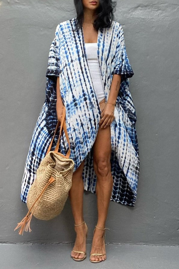 Tie Dye Print Open Front Long Kimono - Blue - 1