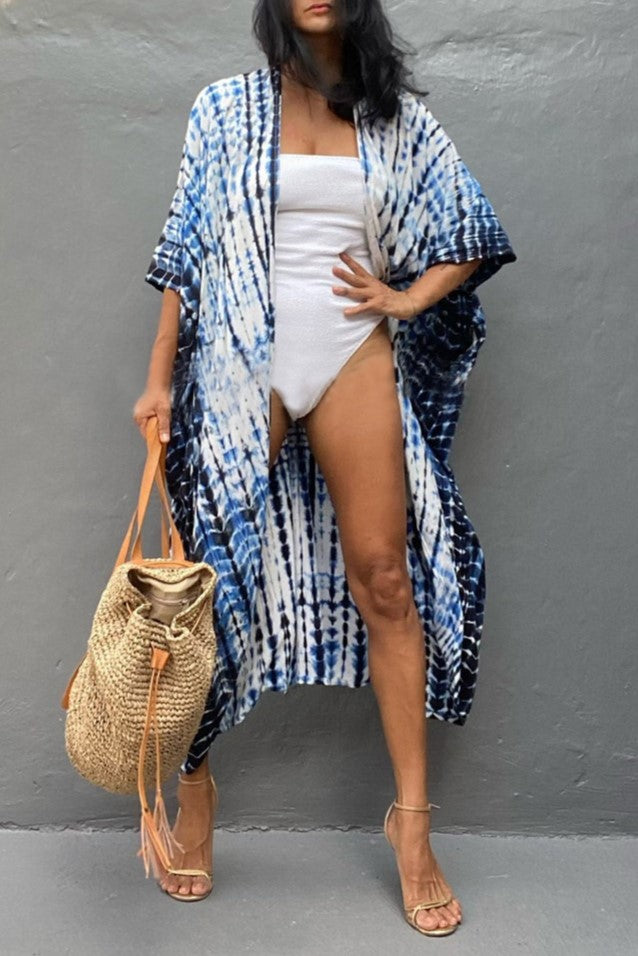 Tie Dye Print Open Front Long Kimono - Blue - 2
