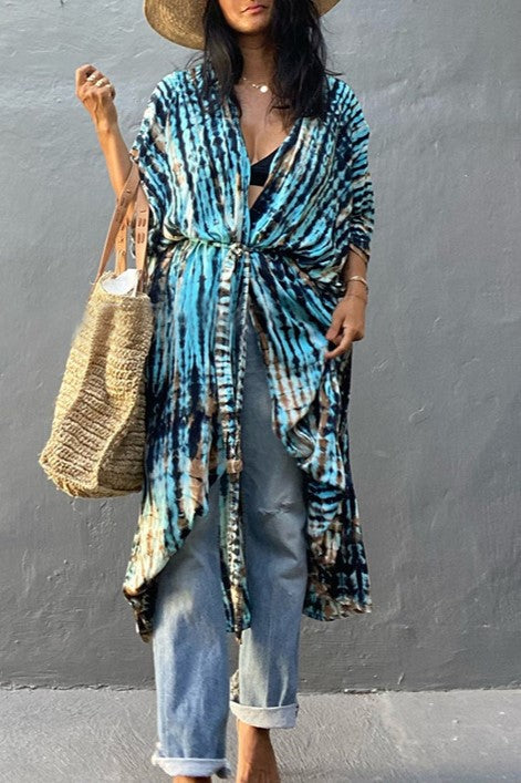 Tie Dye Print Open Front Long Kimono - Coffee bar