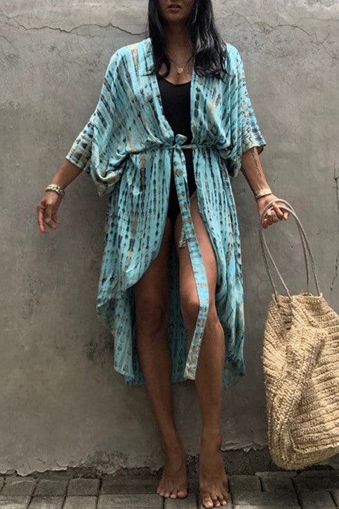 Tie Dye Print Open Front Long Kimono - Cyan