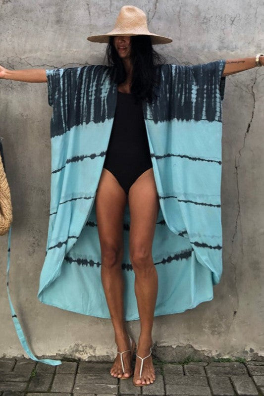 Tie Dye Print Open Front Long Kimono - Cyan-Gray