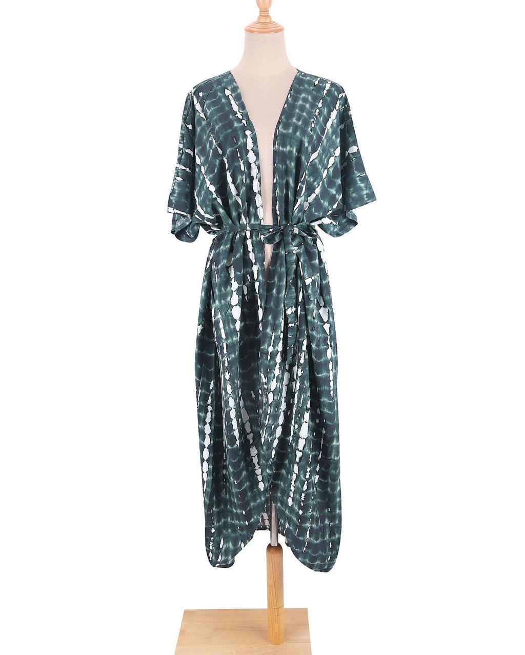 Tie Dye Print Open Front Long Kimono - Dark Green - 1