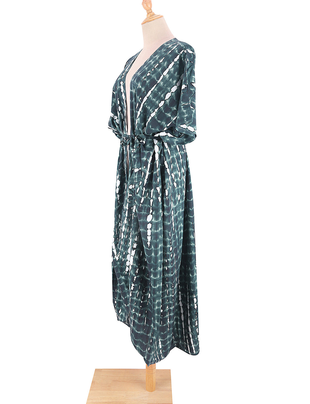 Tie Dye Print Open Front Long Kimono - Dark Green - 2