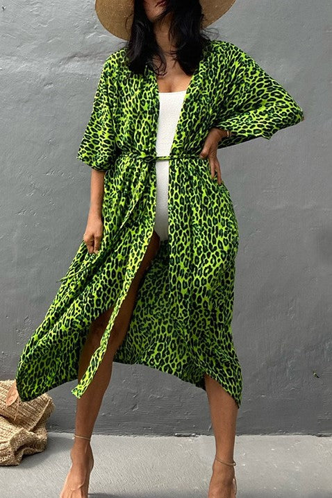 Tie Dye Print Open Front Long Kimono - Gn-Leopard