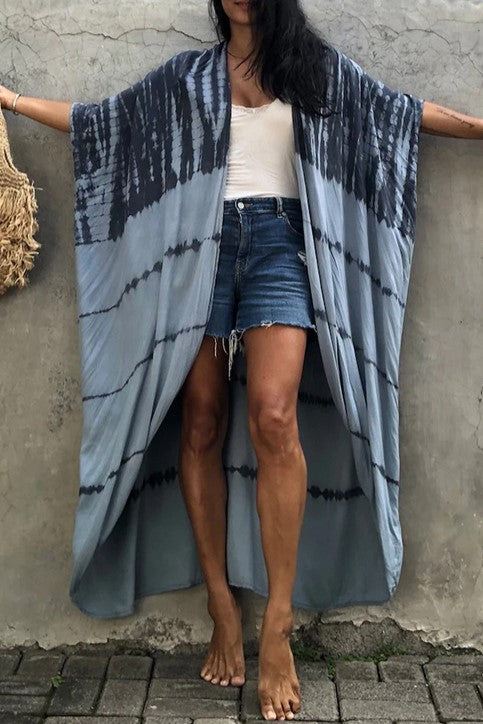 Tie Dye Print Open Front Long Kimono - Gray