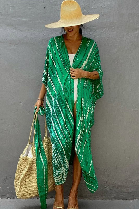 Tie Dye Print Open Front Long Kimono - Green
