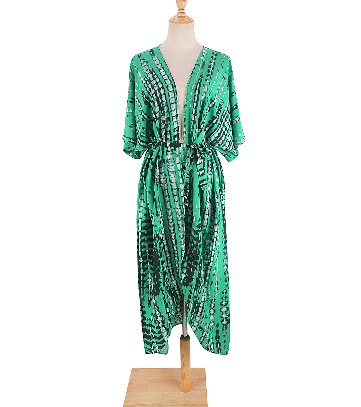 Tie Dye Print Open Front Long Kimono - Green - 1