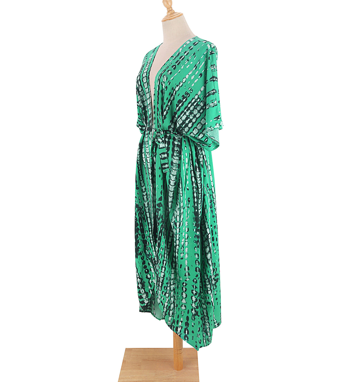 Tie Dye Print Open Front Long Kimono - Green - 2
