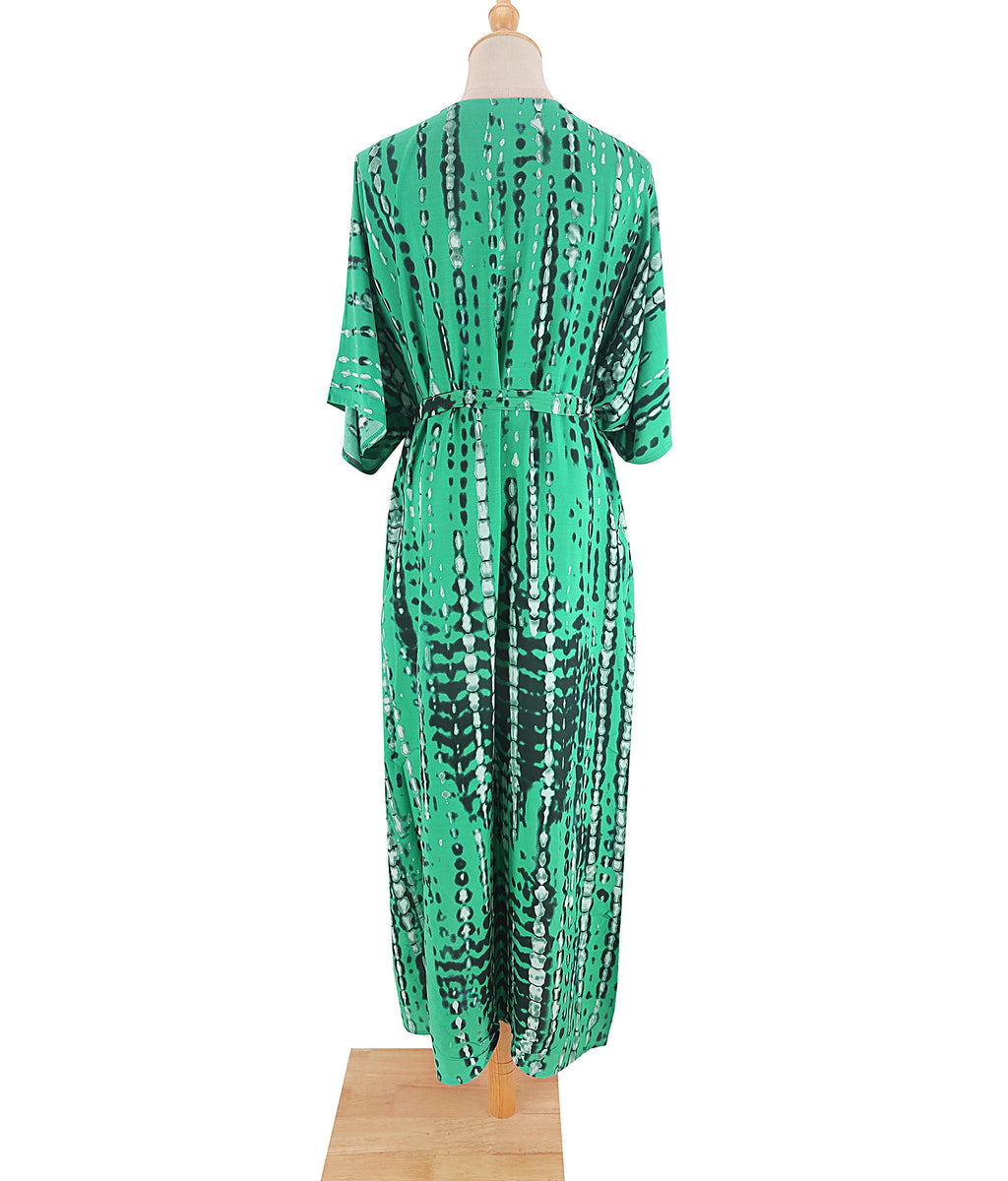 Tie Dye Print Open Front Long Kimono - Green - 3