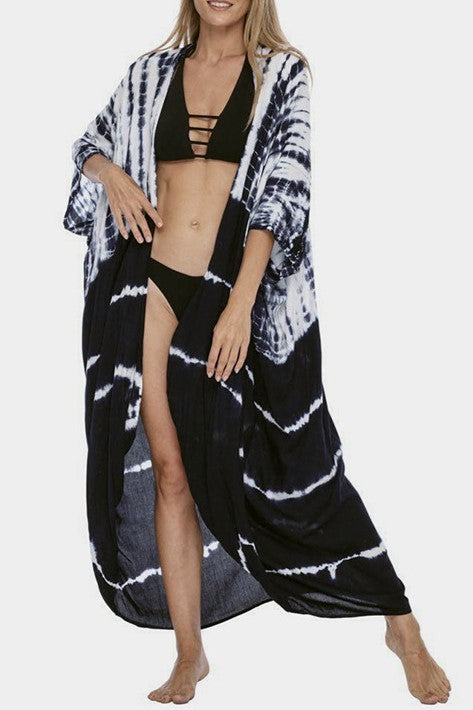 Tie Dye Print Open Front Long Kimono - Indigo