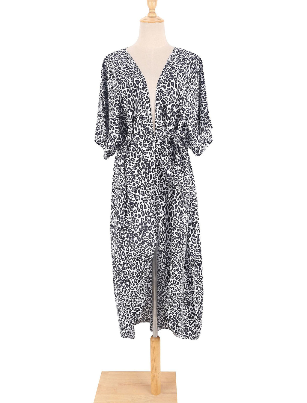Tie Dye Print Open Front Long Kimono - Leopard - 1