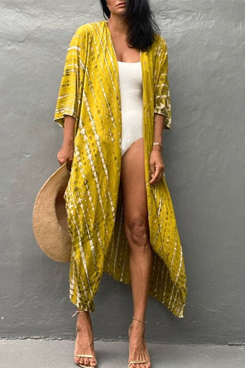Tie Dye Print Open Front Long Kimono - Mustard