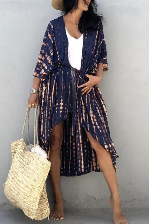 Tie Dye Print Open Front Long Kimono - Navy