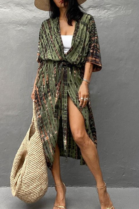 Tie Dye Print Open Front Long Kimono - Olive