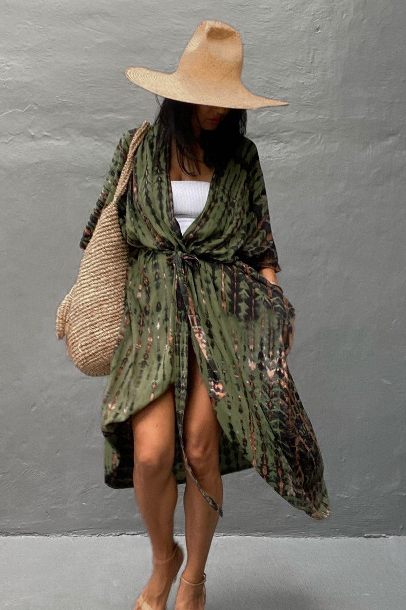 Tie Dye Print Open Front Long Kimono - Olive - 1
