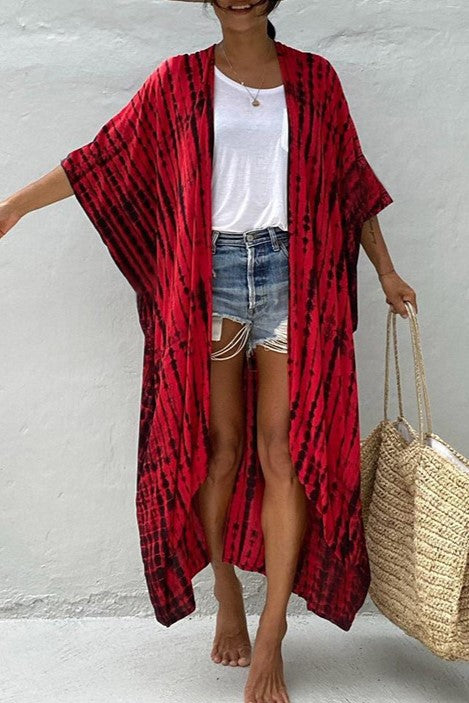Tie Dye Print Open Front Long Kimono - Red