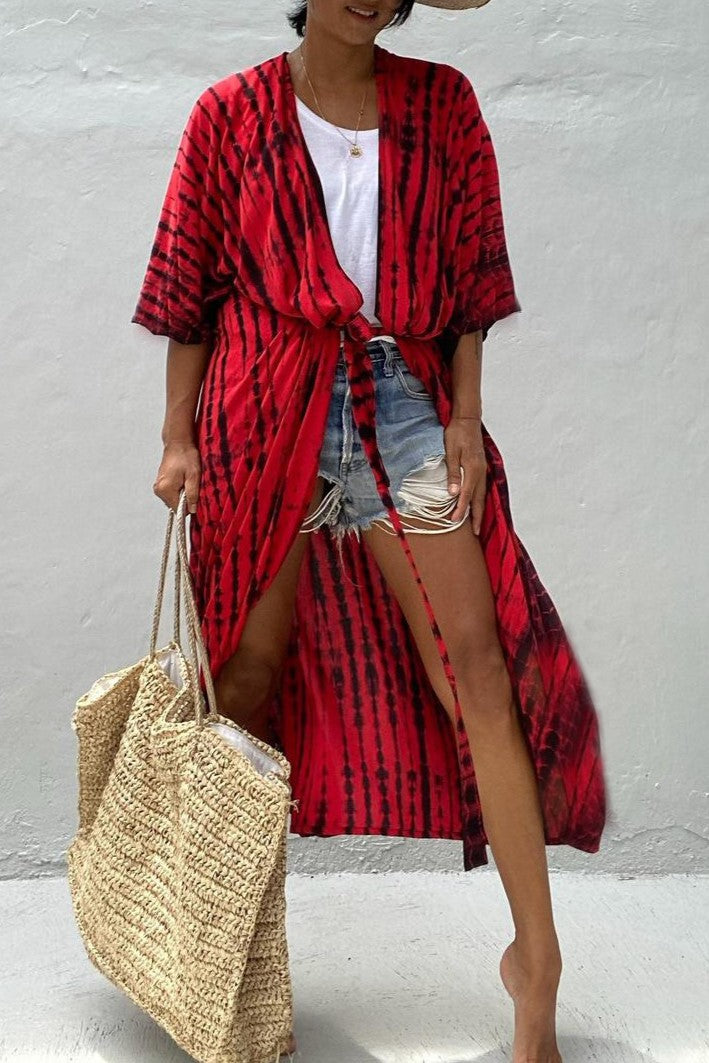 Tie Dye Print Open Front Long Kimono - Red - 1